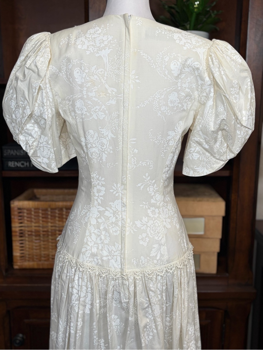 Vintage Scott McClintock Ivory Floral Lace Puff Sleeve Drop Waist Dress S Praire - Picture 6 of 16